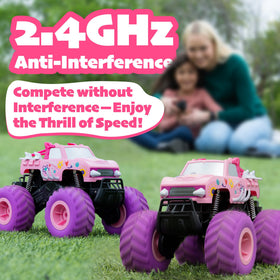 Threeking pink monster truck ready for indoor-outdoor play and imaginative racing.