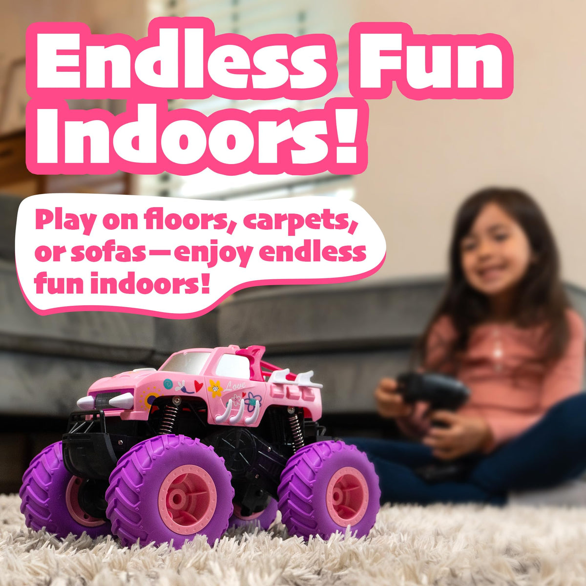 Threeking pink monster truck thrives in indoor and outdoor adventures.