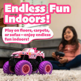 Threeking pink monster truck thrives in indoor and outdoor adventures.