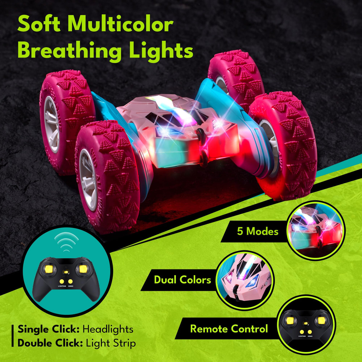 Threeking Pink RC Car in action with 360-degree flips.