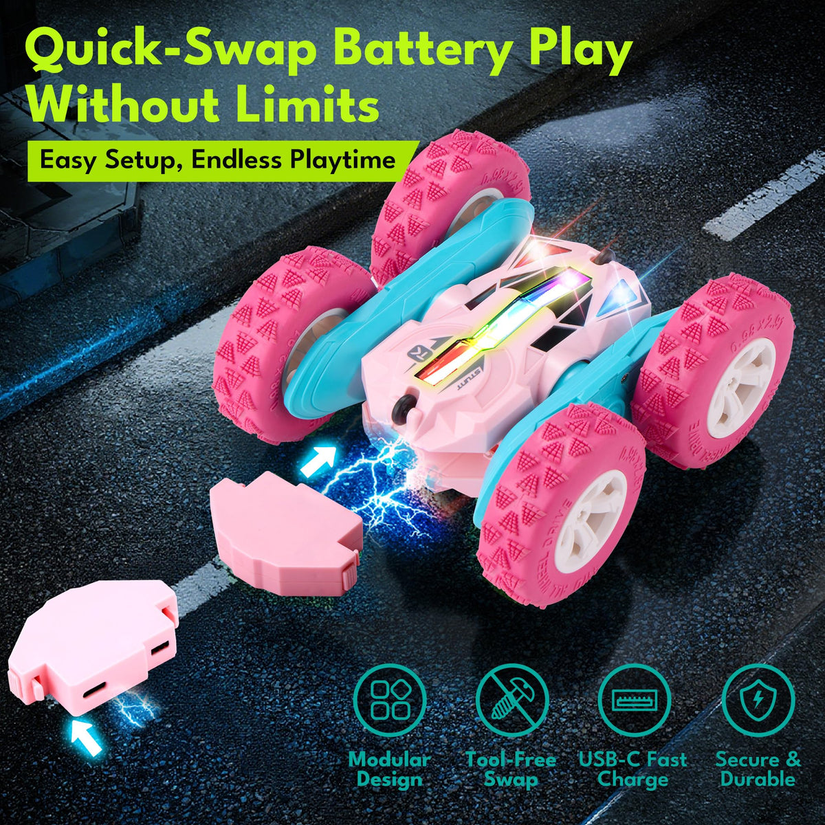 Threeking Pink RC Car rear view emphasizing center battery module for safety.