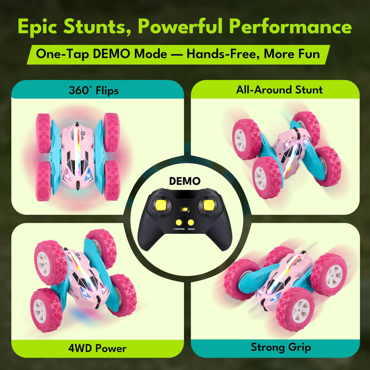 Threeking Pink RC Car side view highlights compact design for indoor outdoor fun.