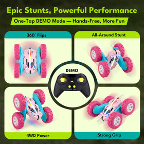 Threeking Pink RC Car side view highlights compact design for indoor outdoor fun.