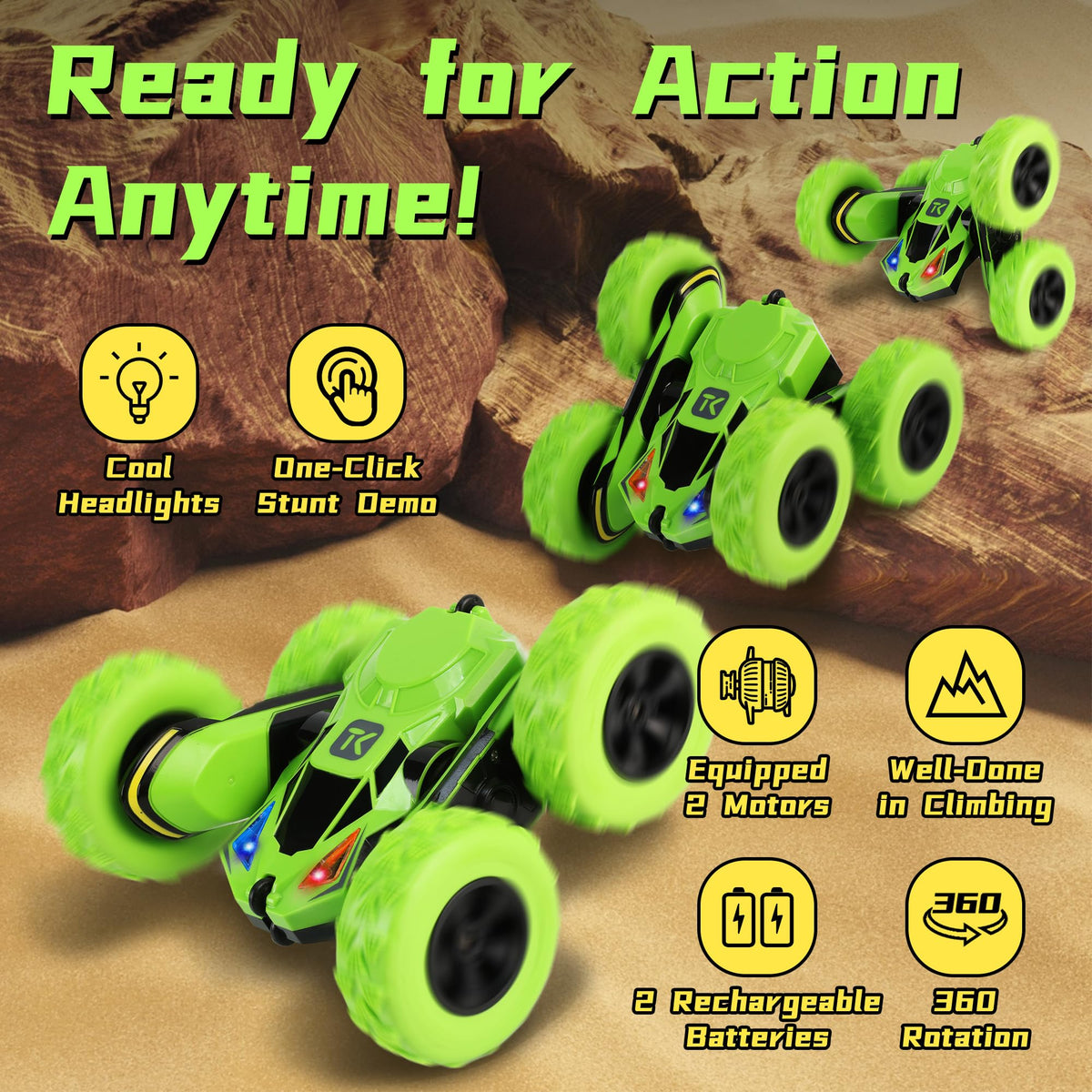 Threeking RC car performing a 360° flip during stunt practice.