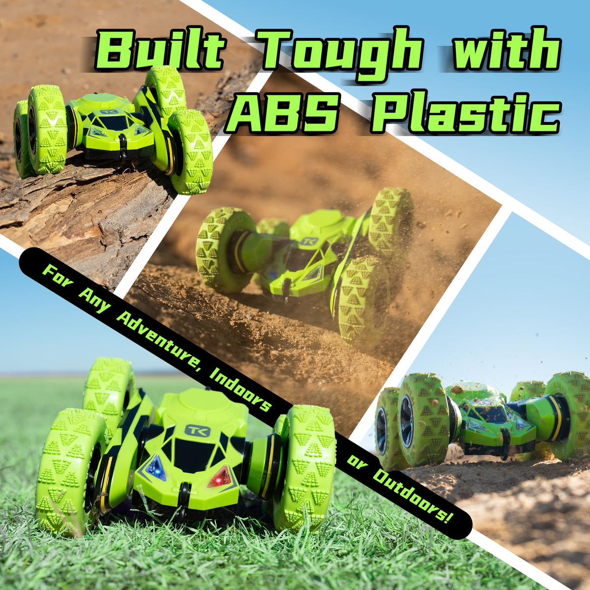 Threeking RC car features anti-skid tires for strong grip.