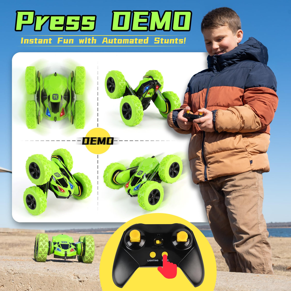Threeking RC car with breathing lights for eye-catching fun.