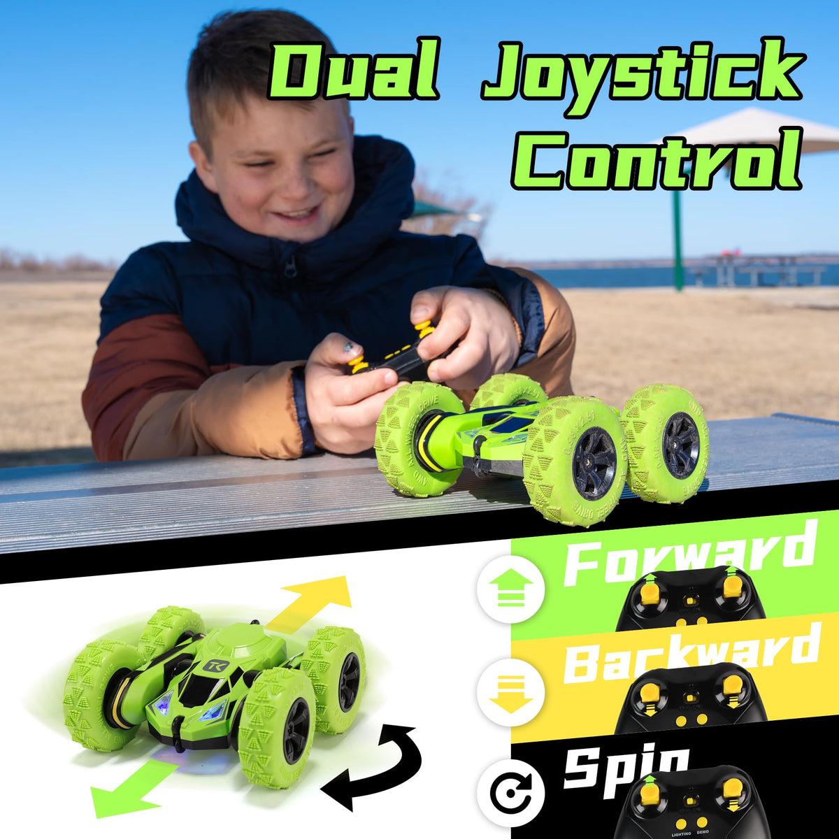 Threeking RC car package includes batteries and USB charger.