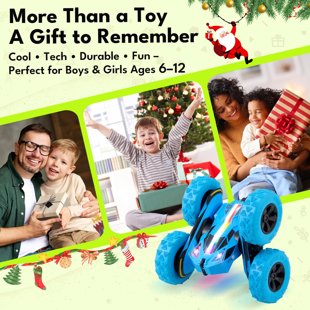 Threeking RC stunt car all-terrain performance on floors, grass, and sand