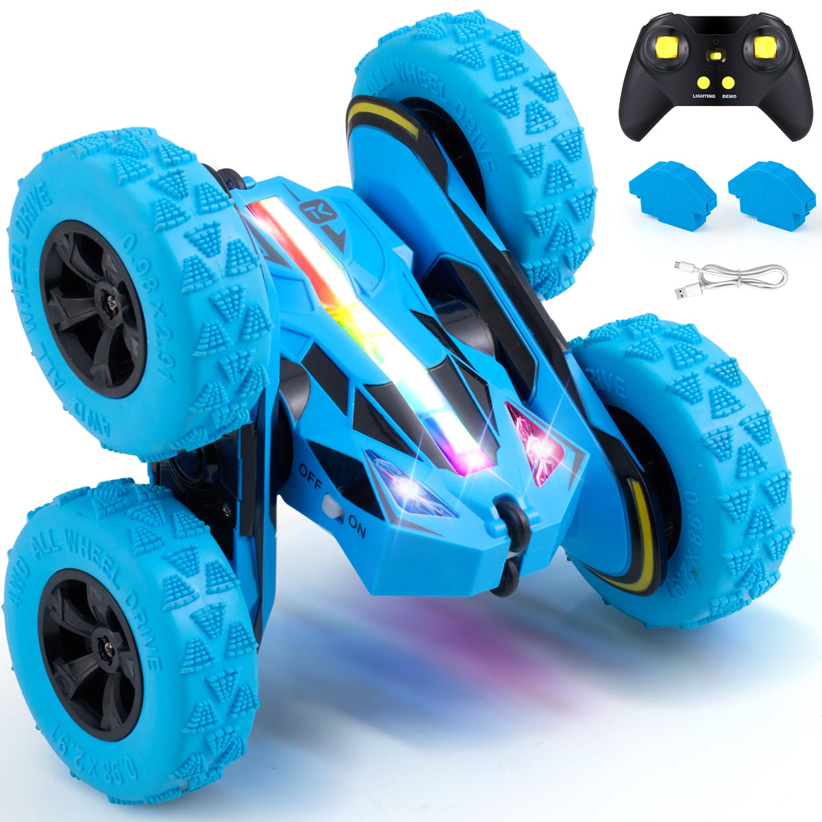 Threeking RC stunt car quick-swap battery module enabling extended play