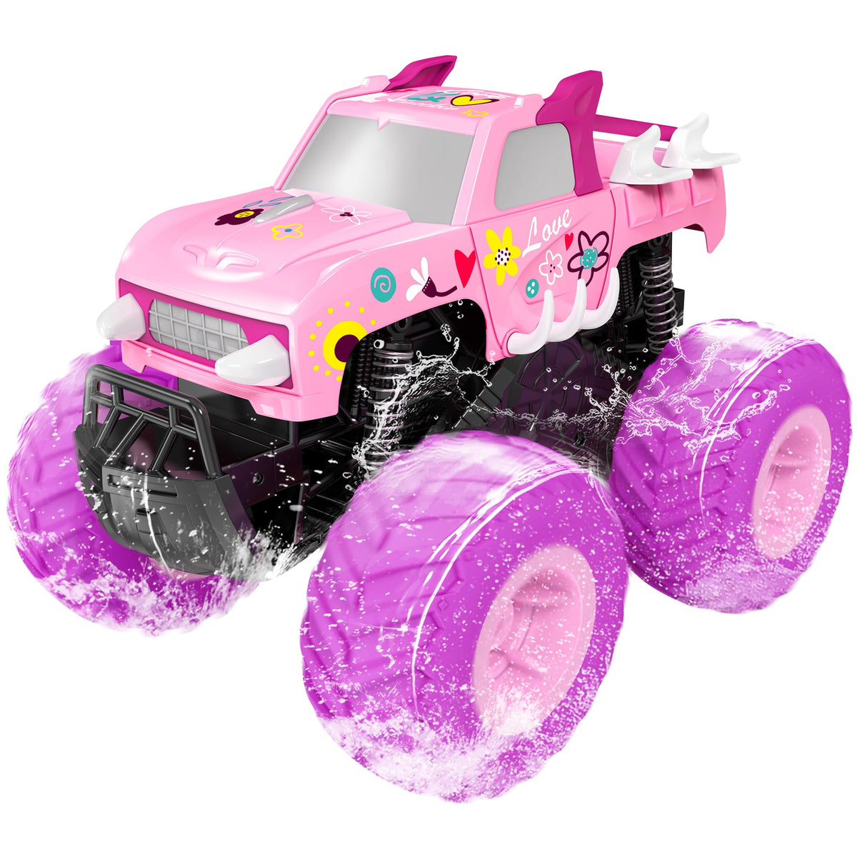 Threeking waterproof pink monster truck shell highlights a bold floral pattern for outdoor play.