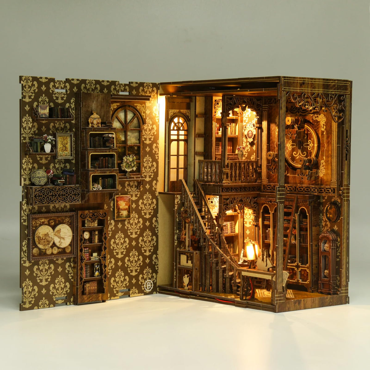 THRIVINGIVAN Book Nook Kit assembly of a dollhouse-style miniature