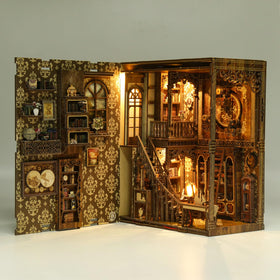 THRIVINGIVAN Book Nook Kit assembly of a dollhouse-style miniature