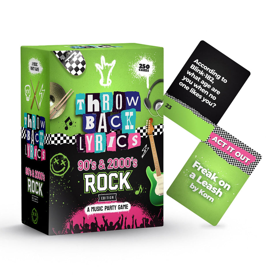 Throwback Lyrics 90s-2000s rock trivia cards for party play.