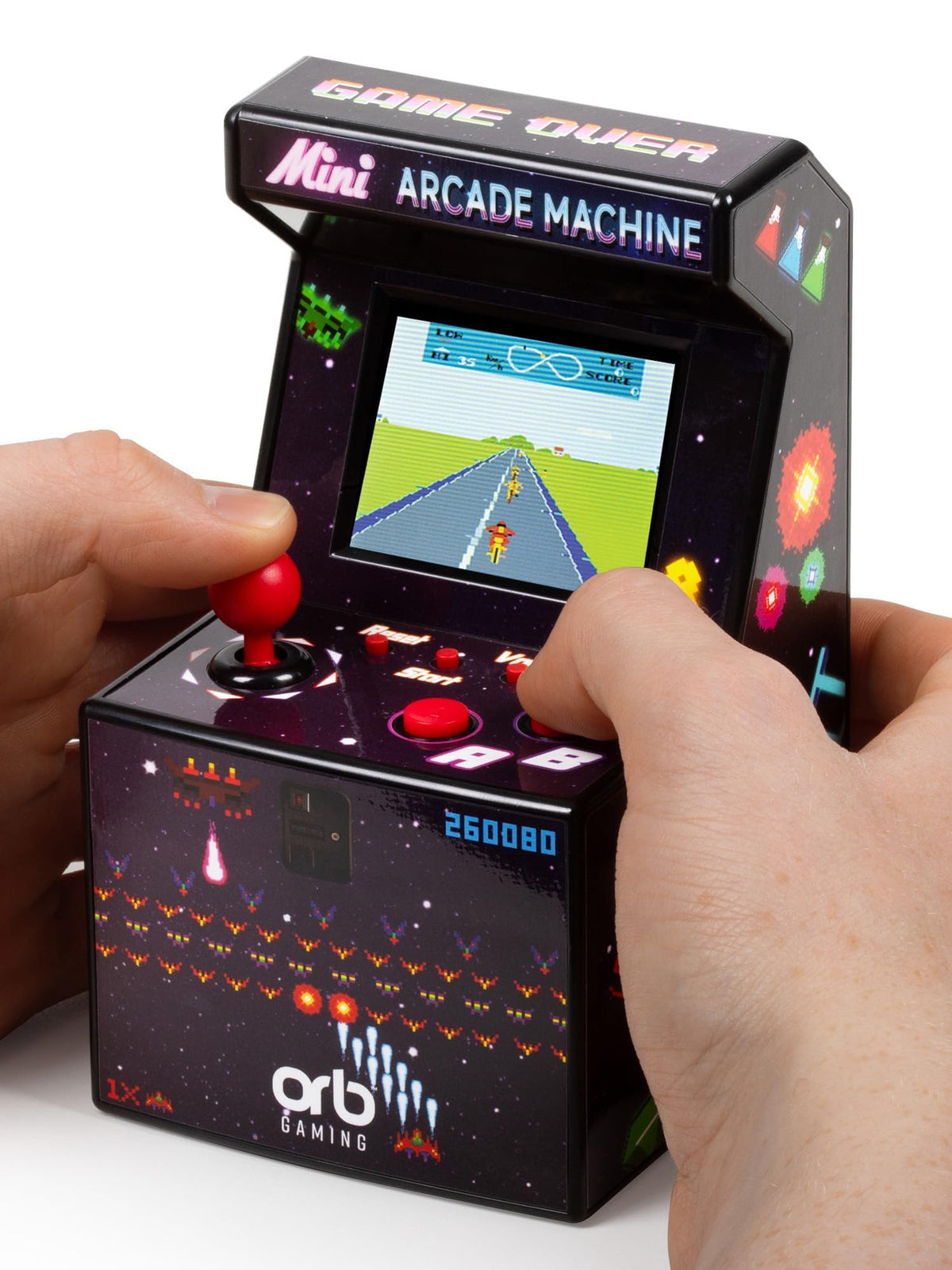 Thumbs Up mini arcade front view highlights compact retro design for on-the-go gaming.