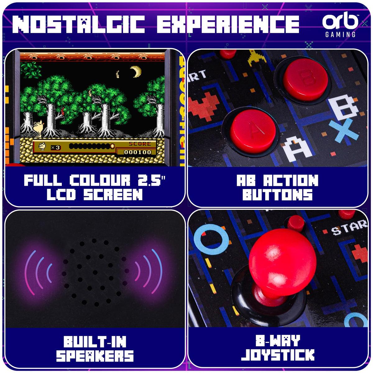 Thumbs Up Orb mini arcade 2.5-inch screen with vivid retro visuals