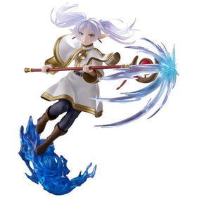 Thunder Tech Frieren figure mid-motion with staff for dramatic shelf display.