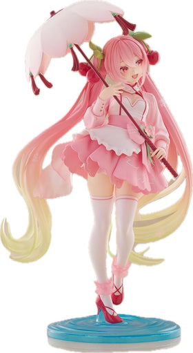 Close-up of Sakura Miku dress detailing with delicate cherry blossoms and vibrant hues.