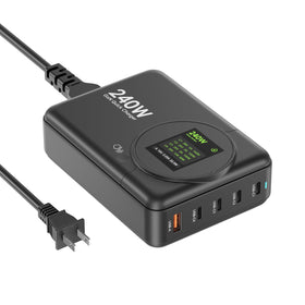 ThunderGo 240W GaN charger front view highlights compact high-power output.