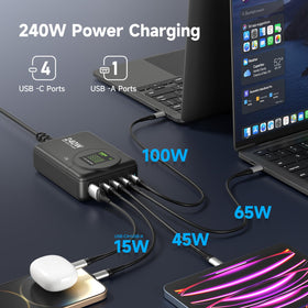 ThunderGo 240W GaN charger ports layout for multi-device charging across four USB-C and one USB-A.