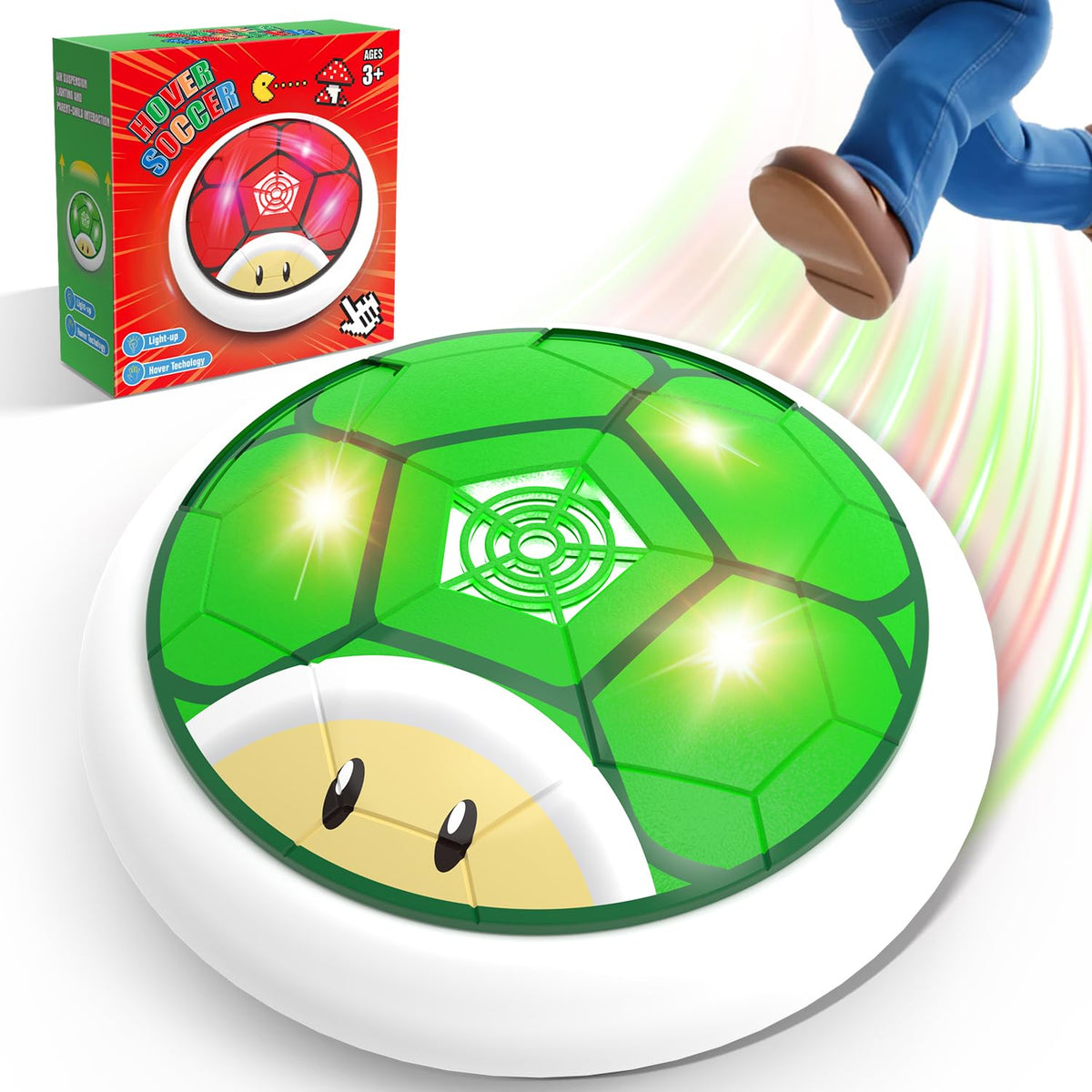 Thusine hover soccer ball with LED lights in action for indoor play.