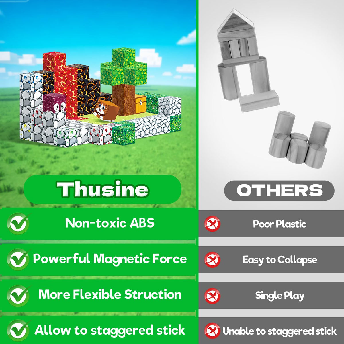 Thusine ABS-durable blocks resist wear for classroom or home use.
