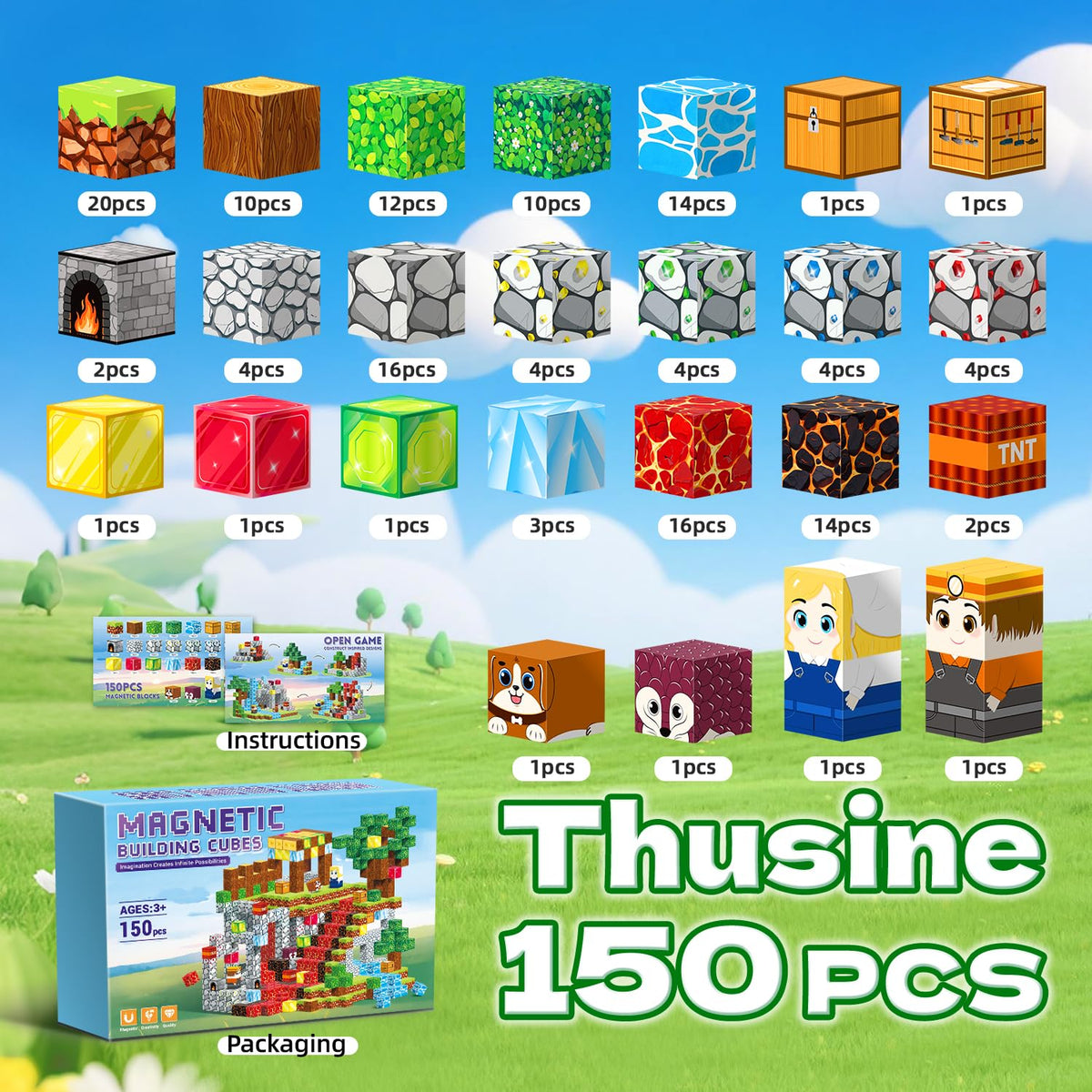 Thusine blocks colorful cubes assemble into structures for imaginative problem-solving.