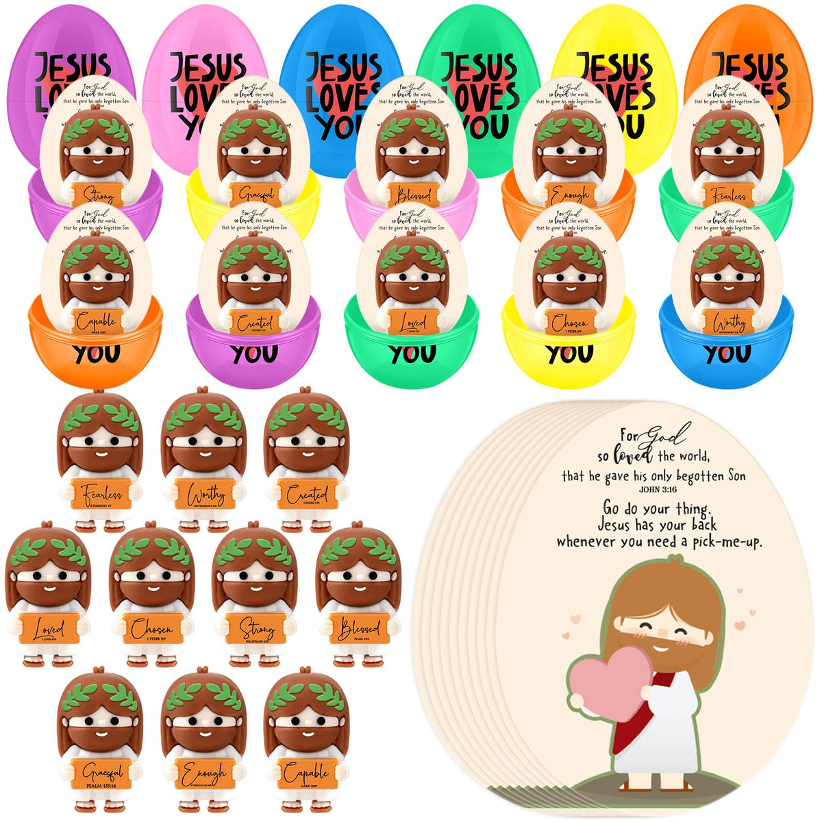 Thyle 60-set Easter eggs with Jesus figures for church gifts and classroom activities.