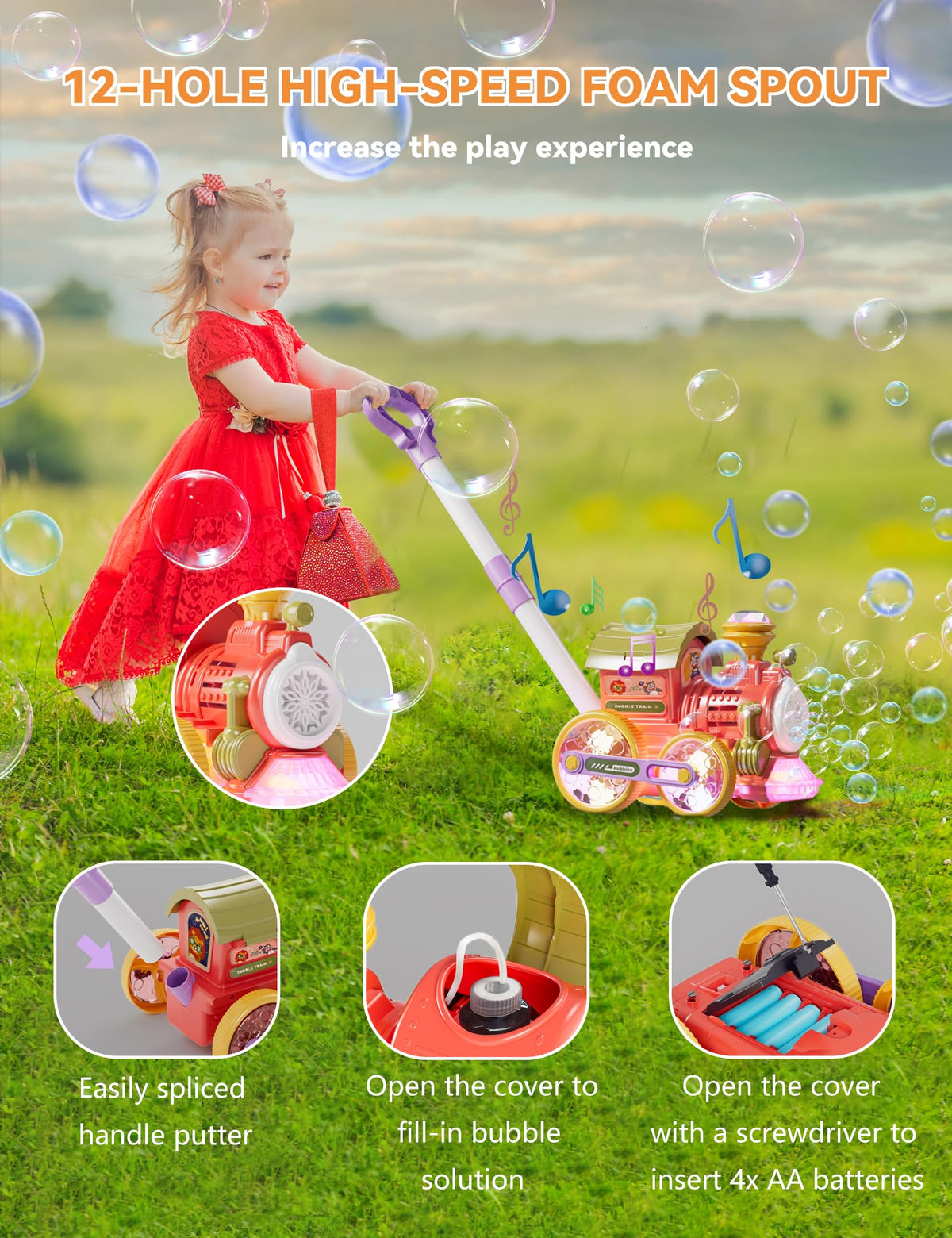 TI-TOO Bubble Train in outdoor mode sprays bubbles for active, safe play.