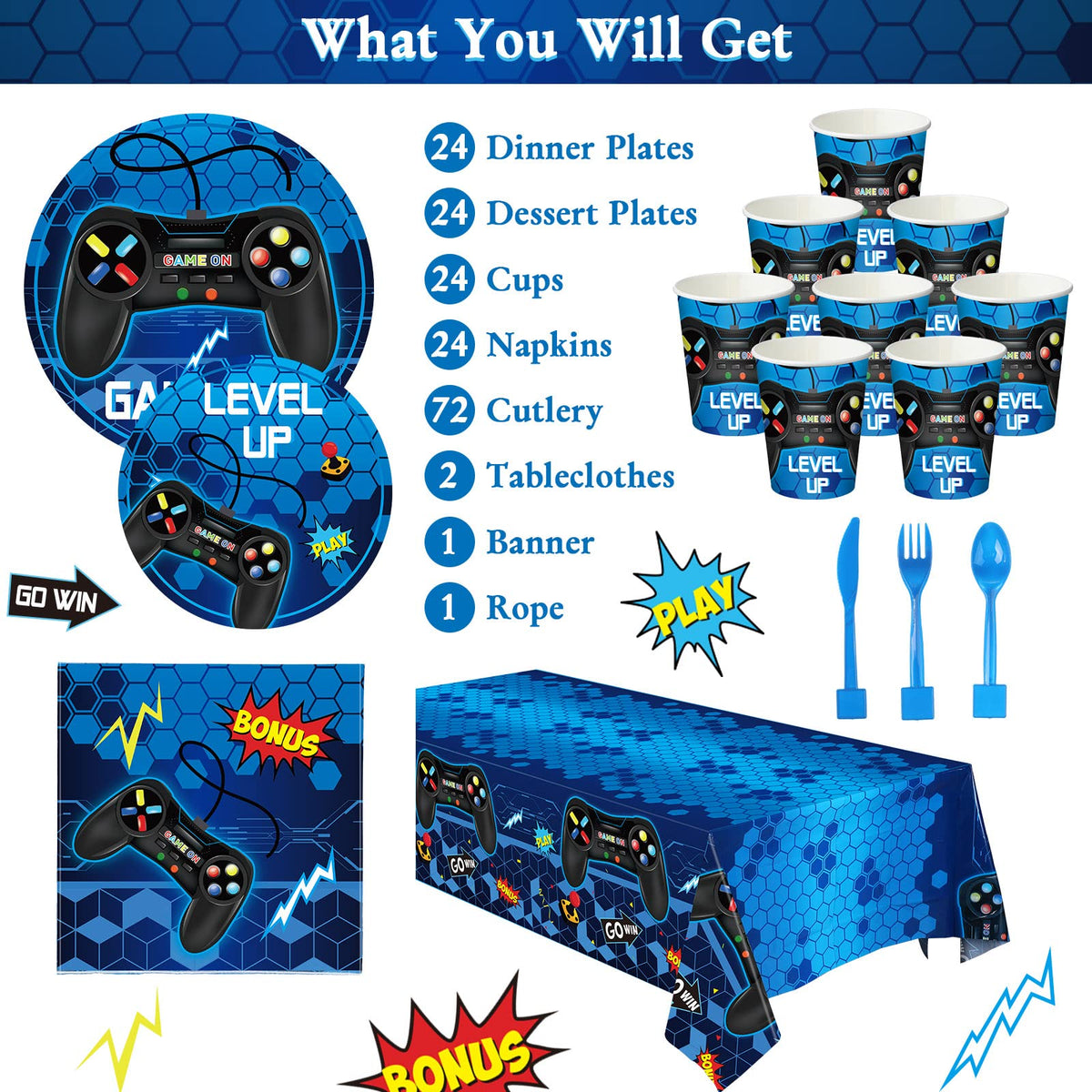 Tiamon 9-inch blue plates add gamer flair to meals.