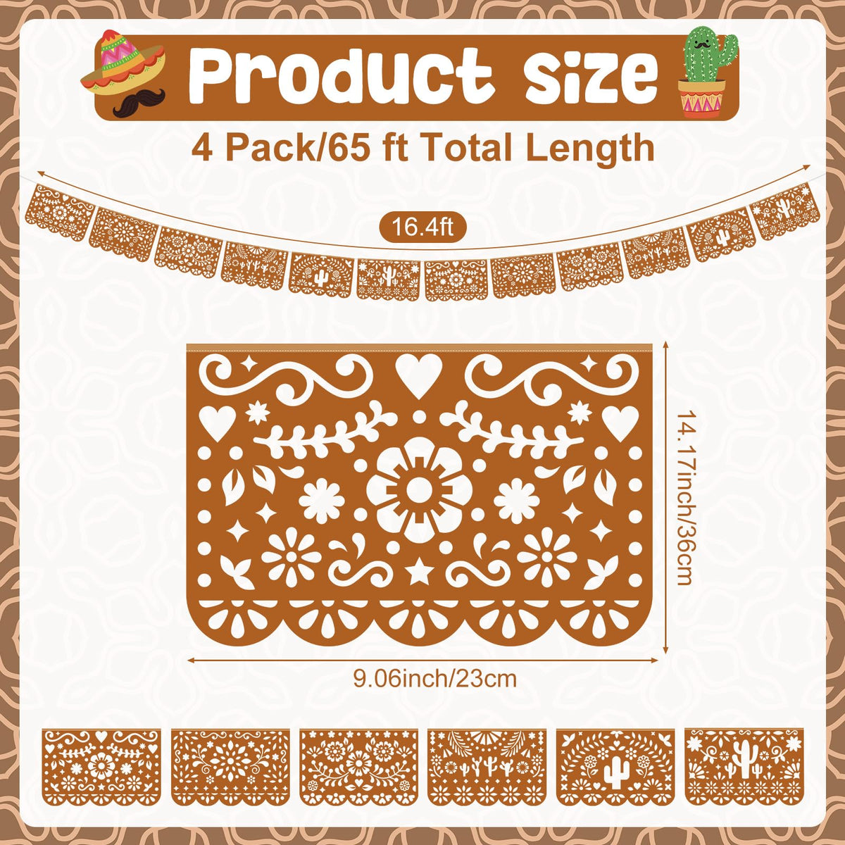 Tiamon banner dark brown with cactus motif for fiesta decor