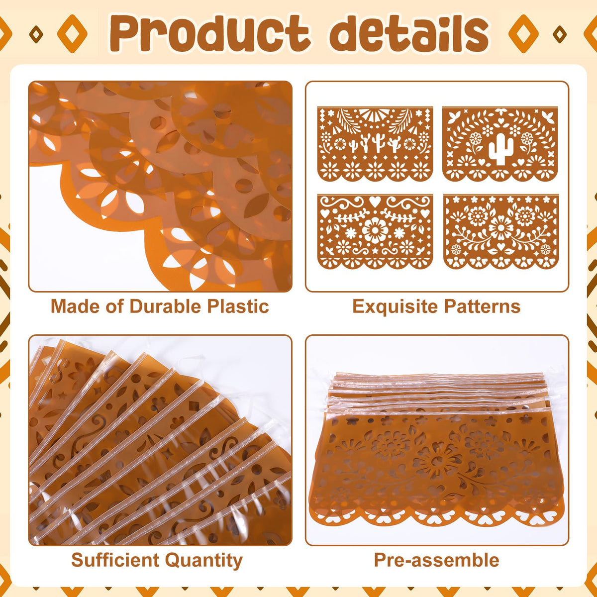 Dark brown cielito lindo papel picado banner by Tiamon in festive setting