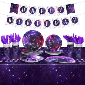 Tiamon galaxy tableware 24-guest plates 9 inch provide a vibrant birthday table setting.