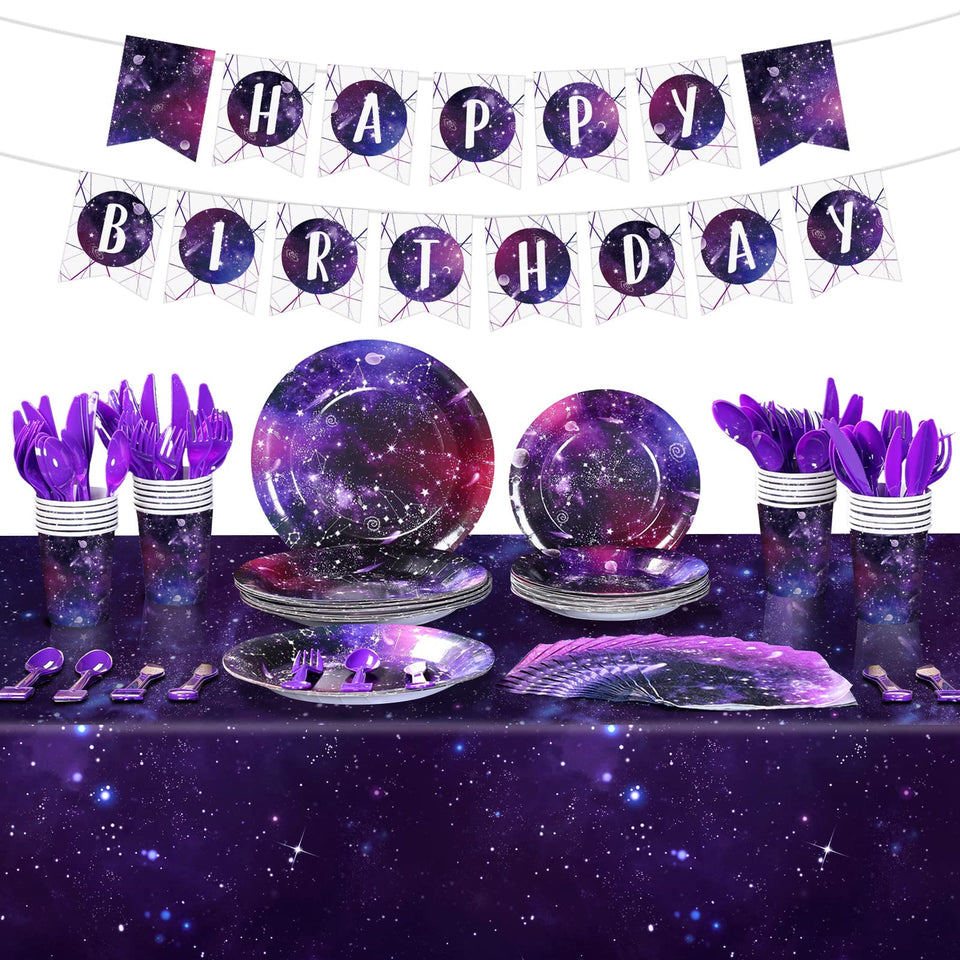 Tiamon galaxy tableware 24-guest plates 9 inch provide a vibrant birthday table setting.