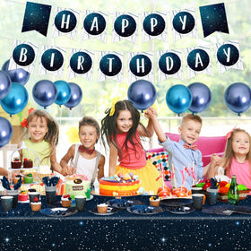 Tiamon galaxy birthday banner enhances the party backdrop with cosmic flair.
