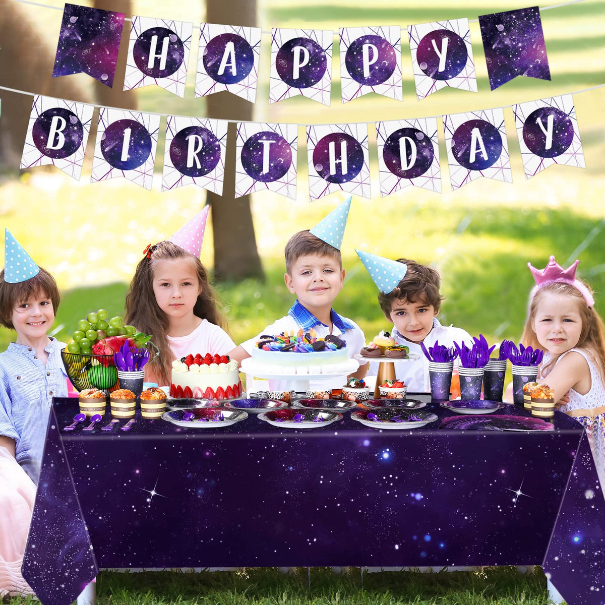 Tiamon happy birthday banner completes the cosmic backdrop for photos.