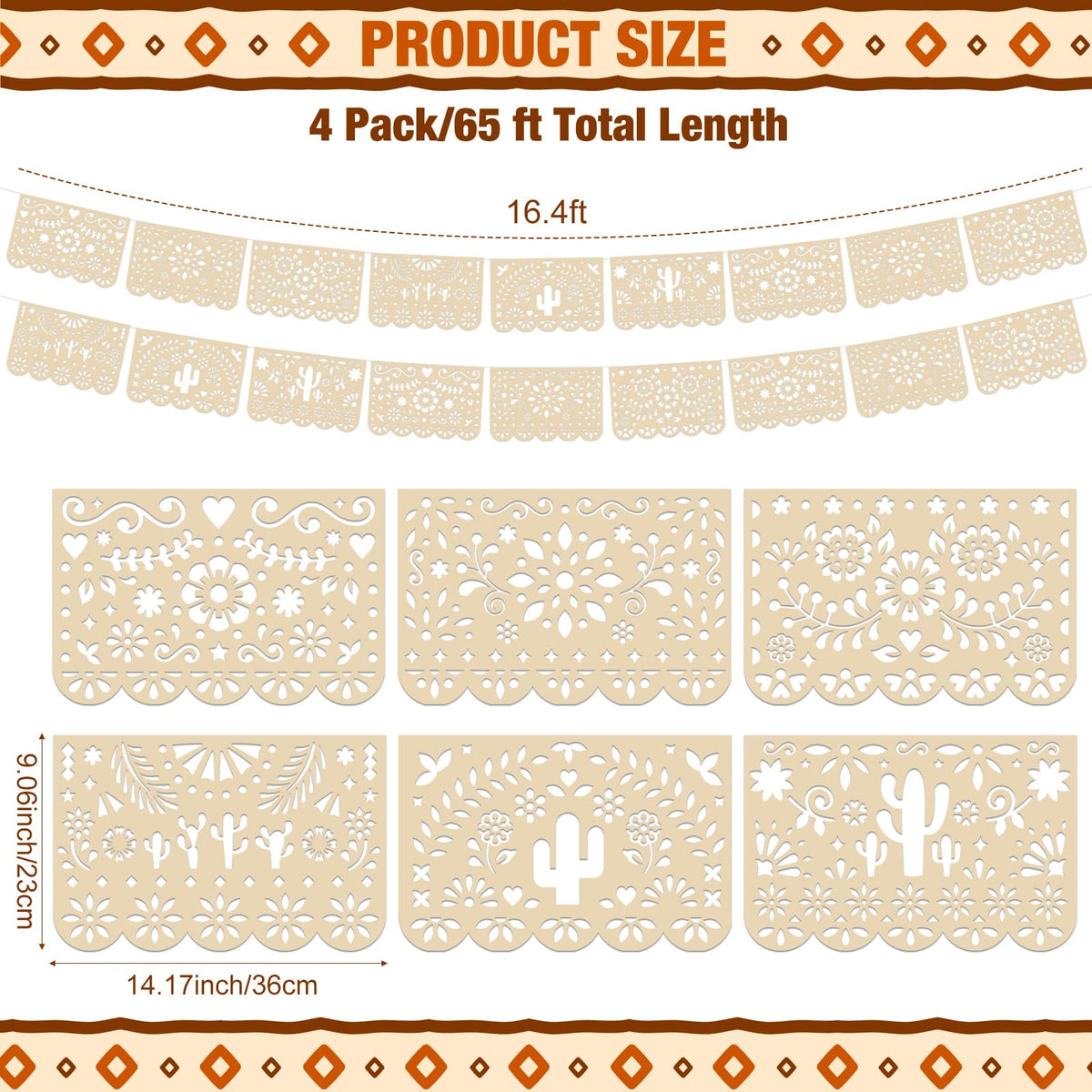 Tiamon light brown papel picado features cactus motifs for outdoor Cinco de Mayo décor.