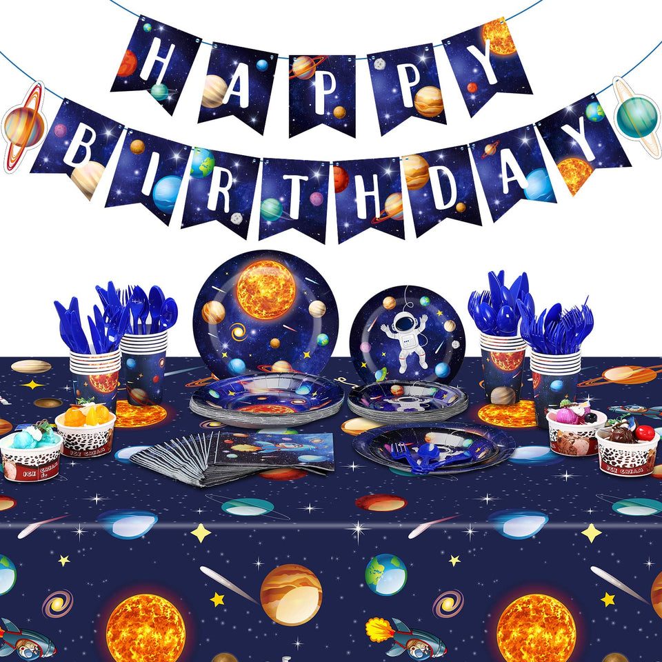 Tiamon outer space banner for birthday decor, perfect photo backdrop.
