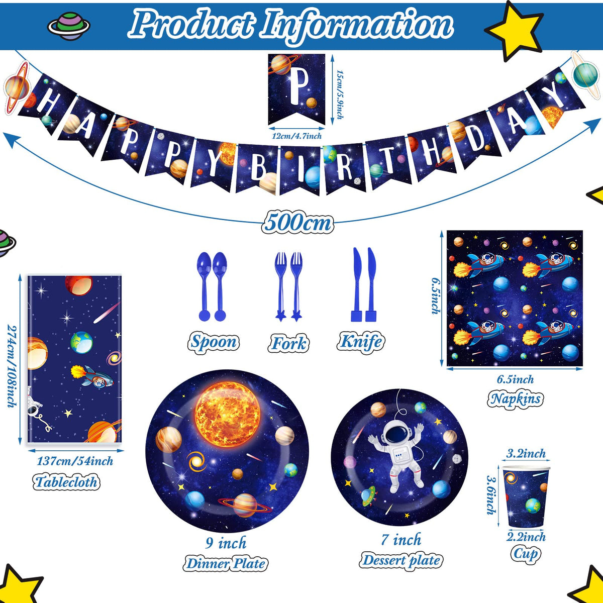 Tiamon outer space tablecloth creates galaxy-themed tablescape.