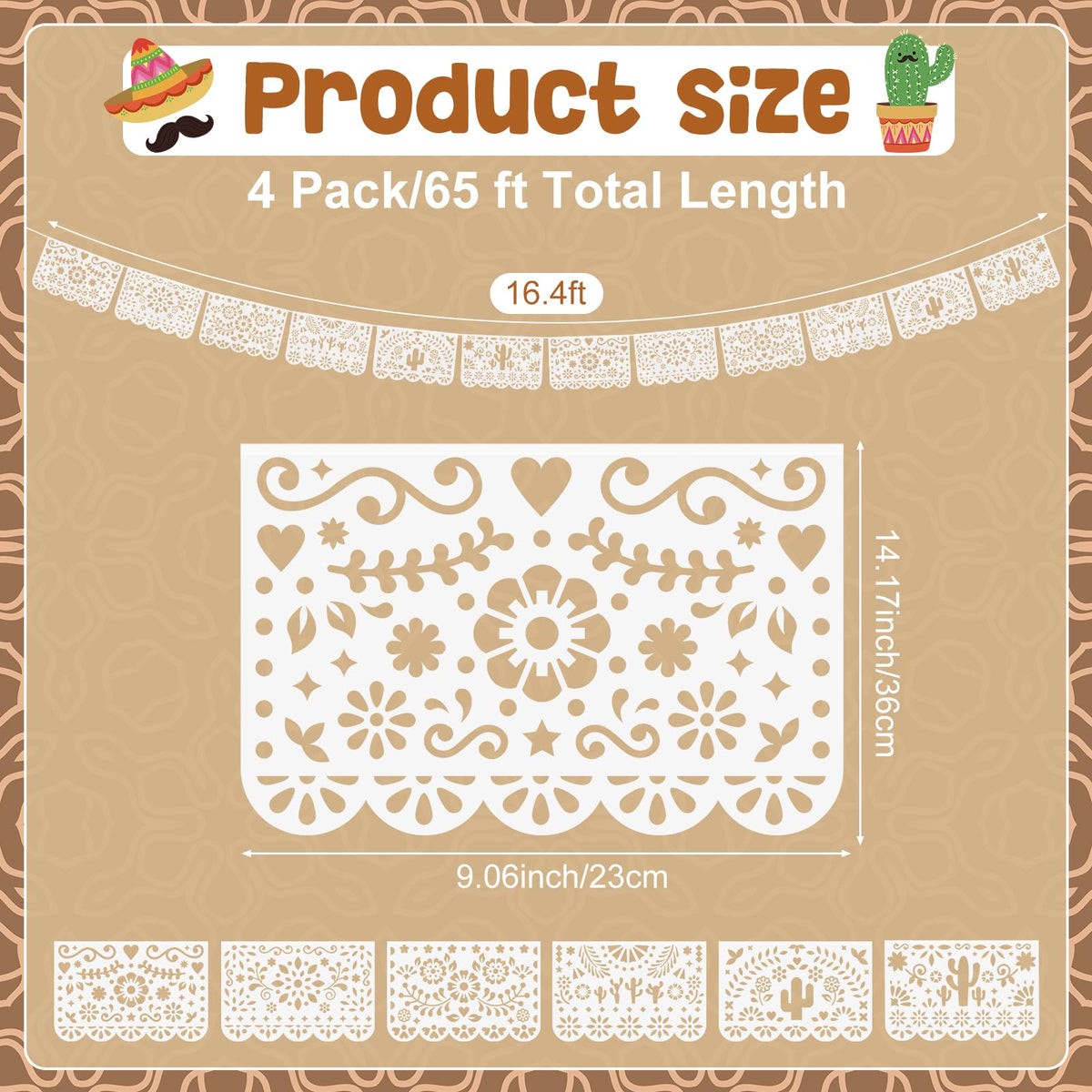 Tiamon papel picado banner 4-pack 16.4ft ideal for festive walls