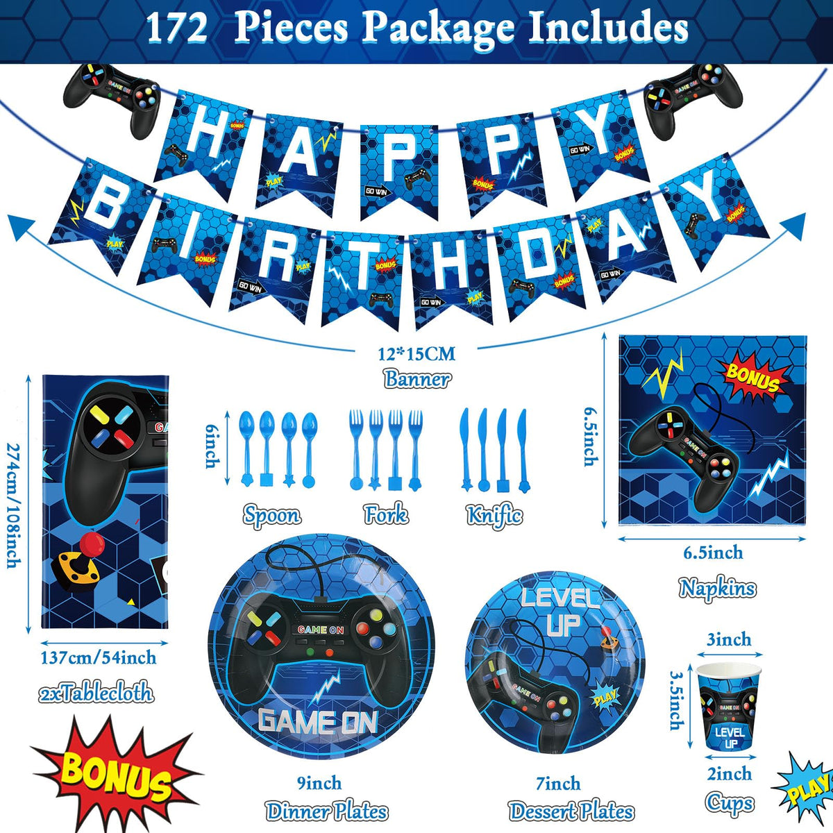 Tiamon blue video game tablecloth protects surfaces during celebration.