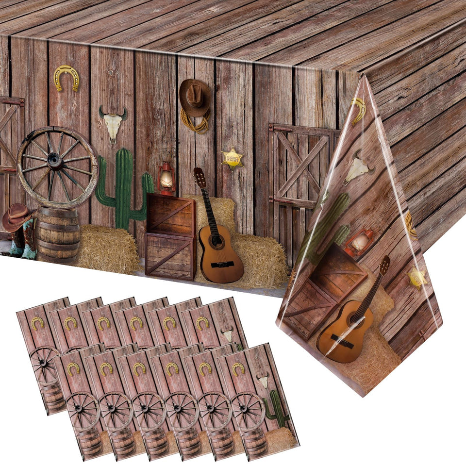 Tiamon western party tablecloth 12-pc pack for 8-foot tables.