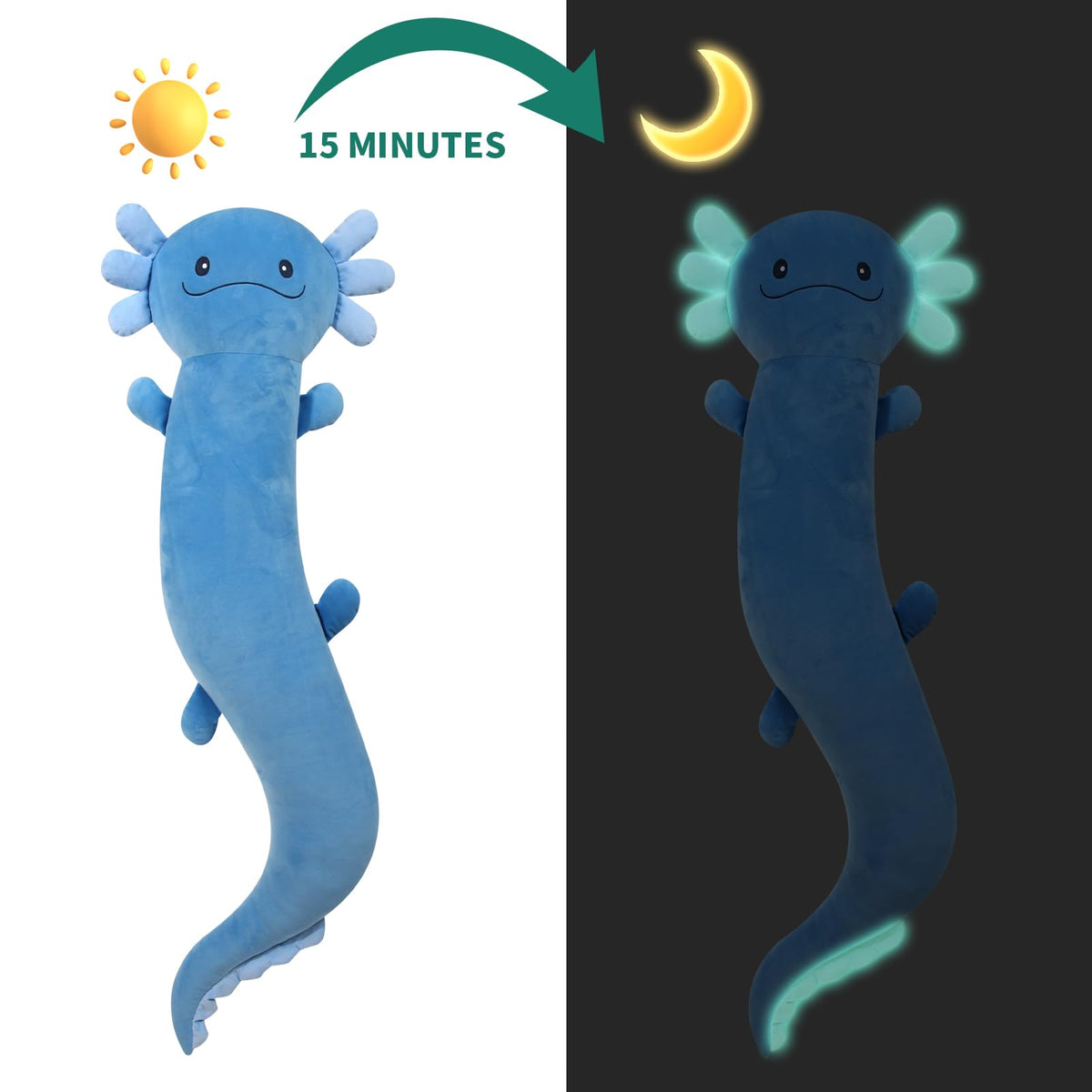 Tianmihou blue axolotl glow-in-the-dark plush inspiring nighttime fun.