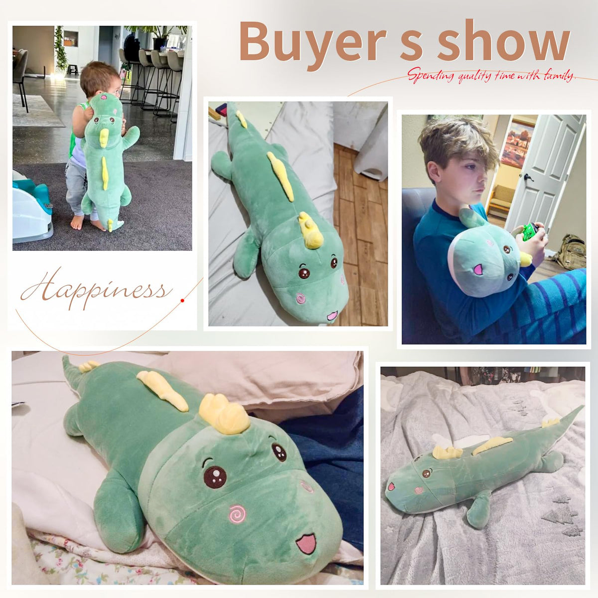 Tianmihou giant dinosaur plush in a bedroom as playful decor
