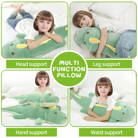 Tianmihou giant dinosaur plush used as a reading pillow