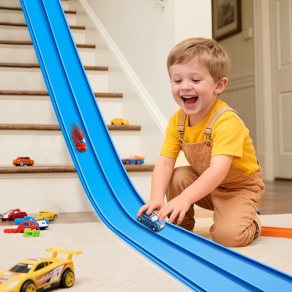 TIANYAO flexible race track assembled on floor for fast looping car races.