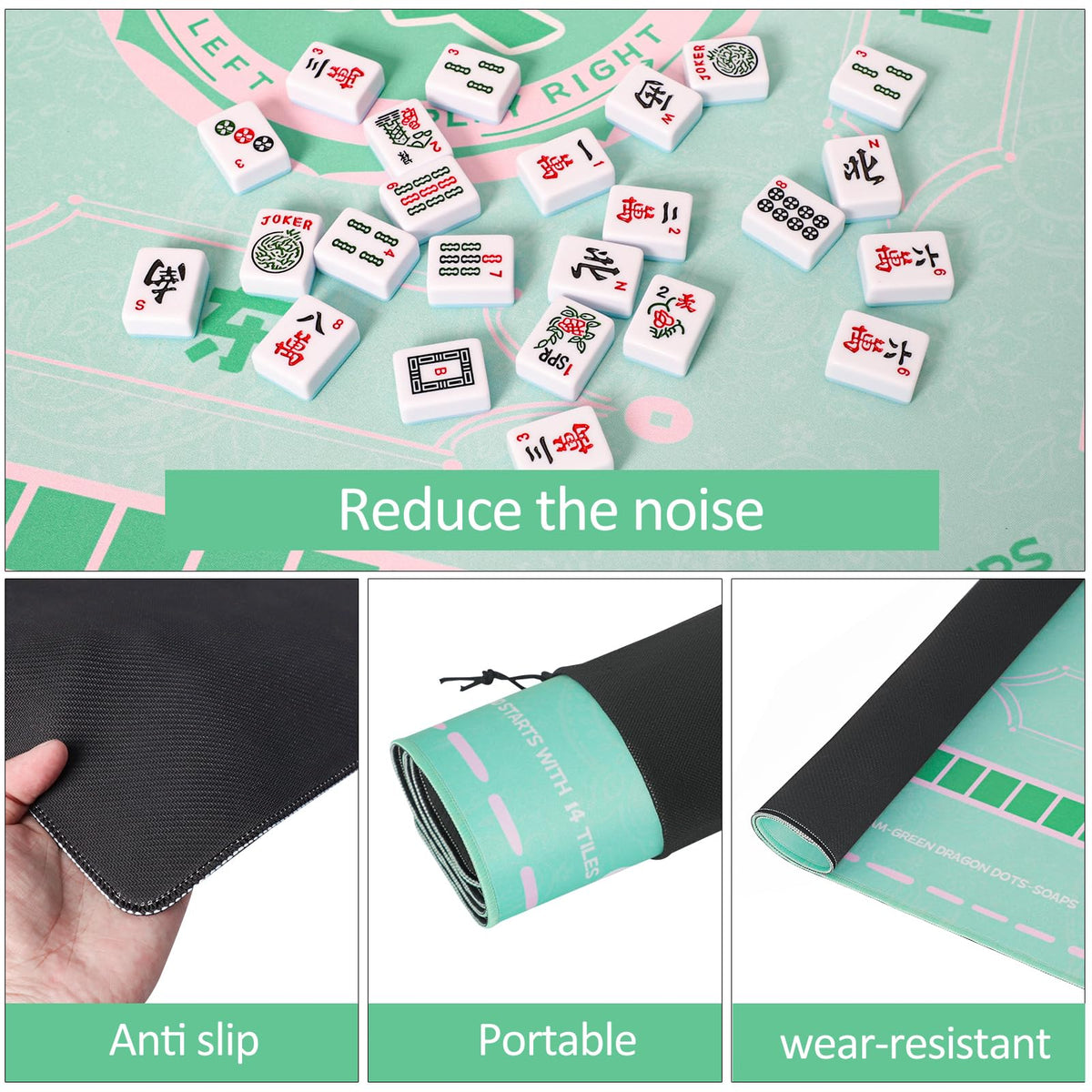 TIASUSAN green mahjong mat reduces tile noise for quieter sessions
