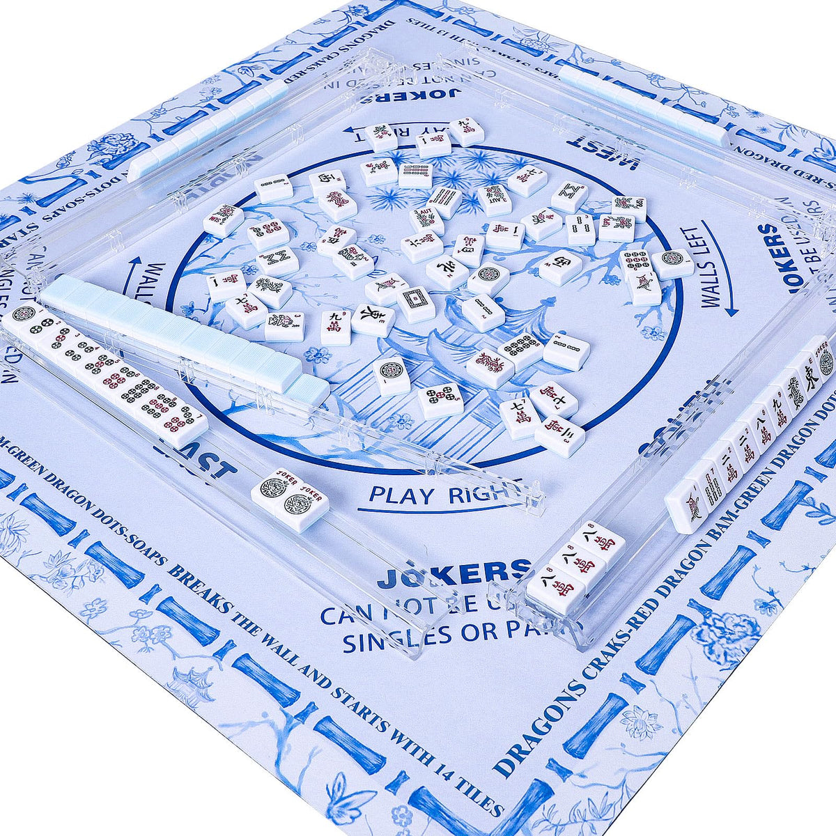 TIASUSAN Light Blue Mahjong Learning Mat with three dice ready for game use.
