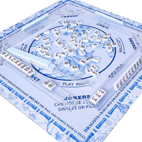 TIASUSAN Light Blue Mahjong Learning Mat with three dice ready for game use.