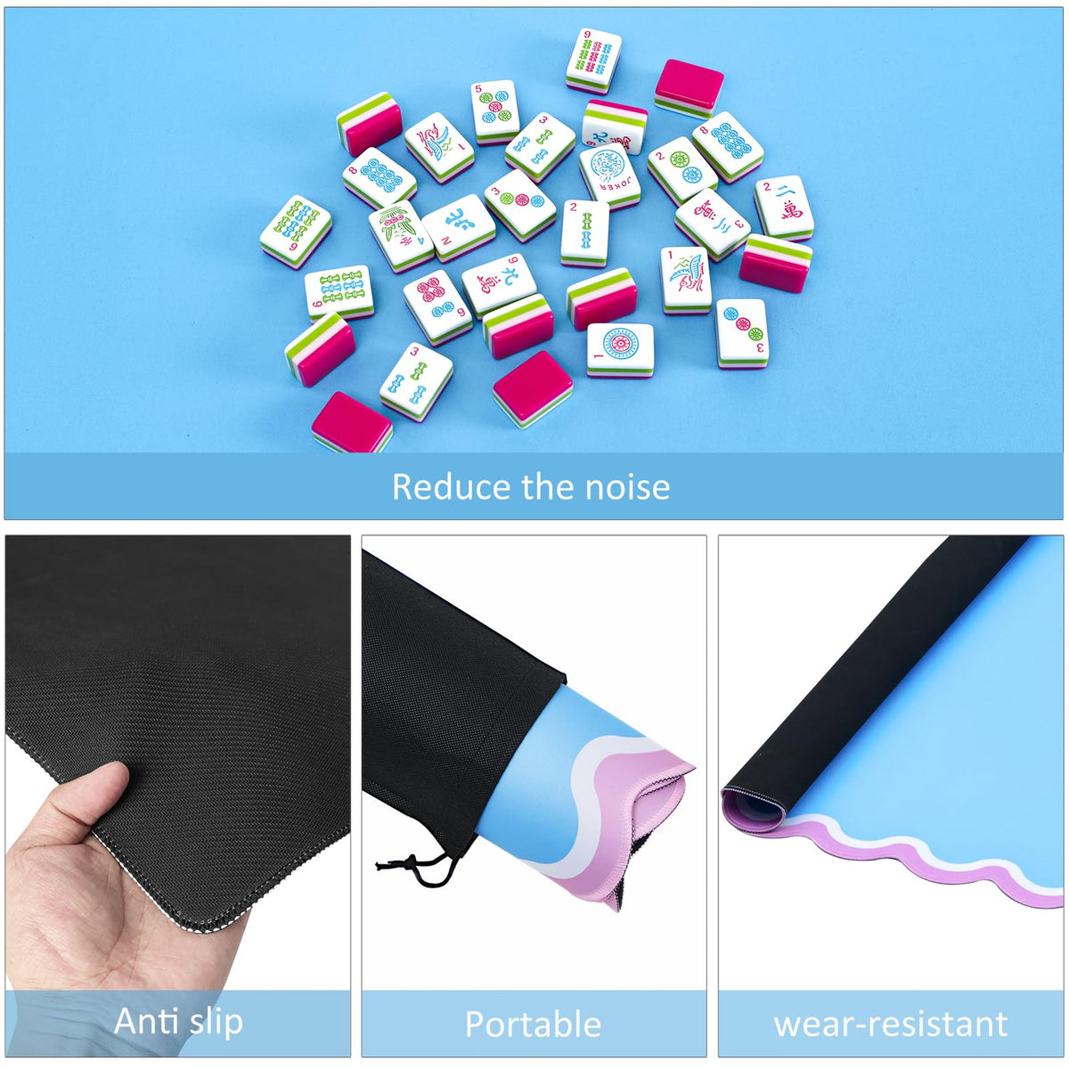 Noise-reducing rubber backing dampens tile clatter during play.