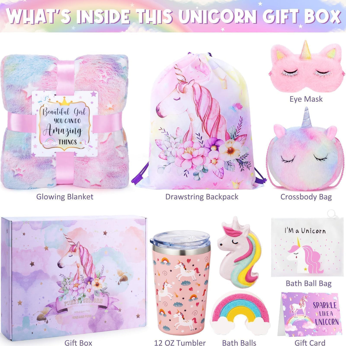 Tiblue Unicorn Gifts Box 12oz tumbler keeps drinks cold or warm for on-the-go use.